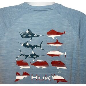 Huk Performance Fishing Tee Mens XXL Blue Heather Stars Stripes Fish Graphic